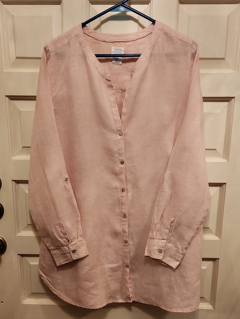 SIGRID OLSEN 100% Linen Light Pink/Peach Vneck Women's Button-FrontTop